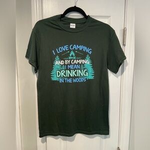 NWOT Green Size S Graphic Print Tee Shirt Love Camping Drinking Woods Funny